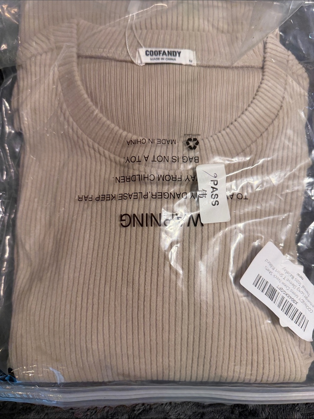 Coofandy Men's Long Sleeve Ribbed Tee in Beige